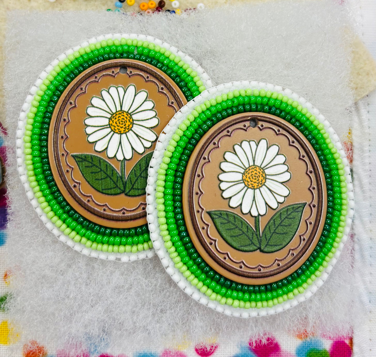 Large Daisy Beaded Earrings with Ombre Greens