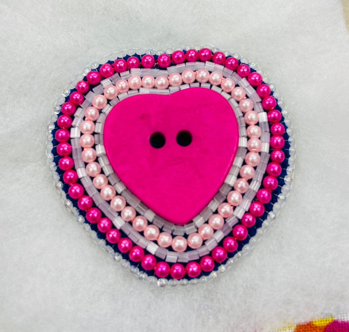 Beaded Heart Button Brooch Pin