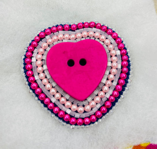 Beaded Heart Button Brooch Pin