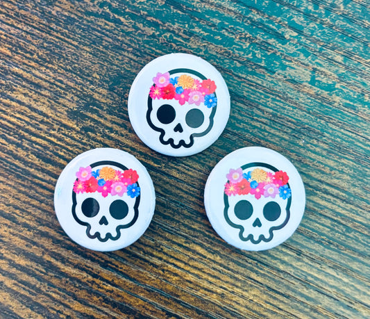 1" Button Pin - Skull with Flower Crown